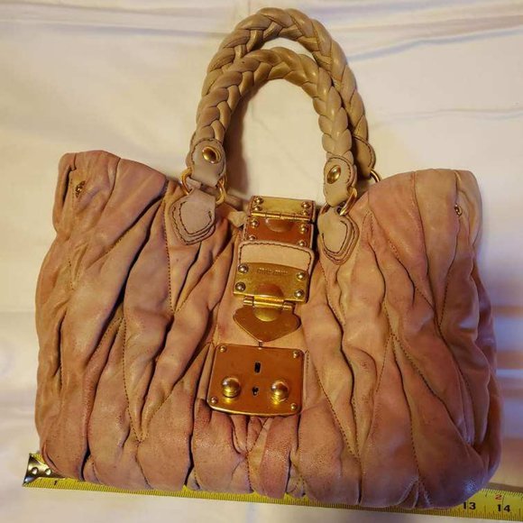 Vintage Miu Miu Prada Metelasse arcadie Leather hobo tote crossbody pink beige - Picture 12 of 14